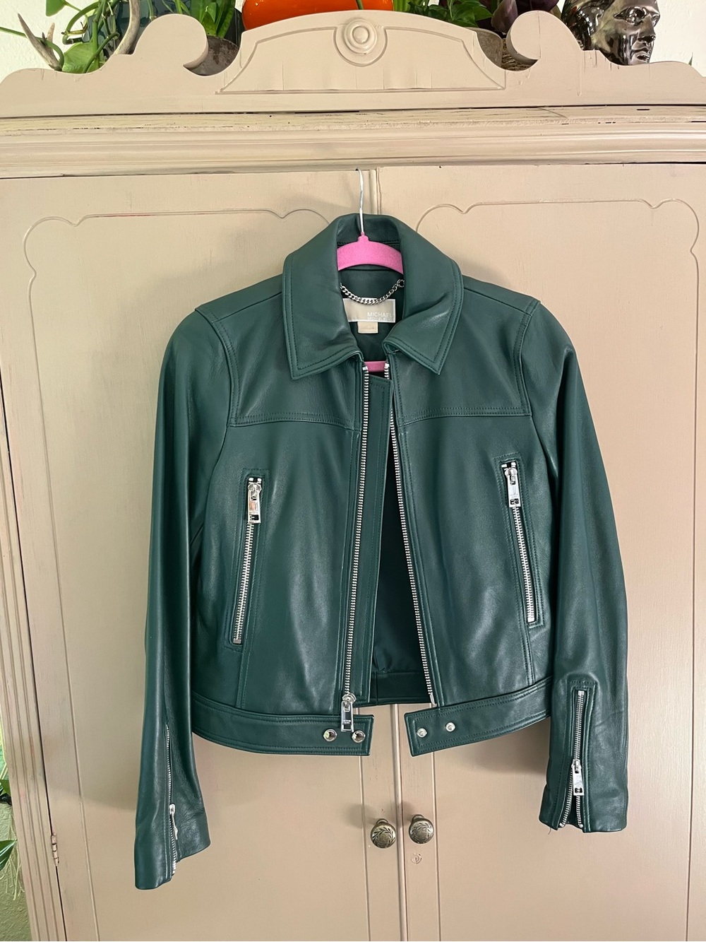 MICHAEL Michael Kors Forest Green Leather Moto Jacket